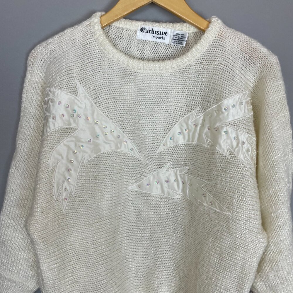 Vintage 80s Sweater Applique Beaded Sequins White Women Medium Batwing Sleeve